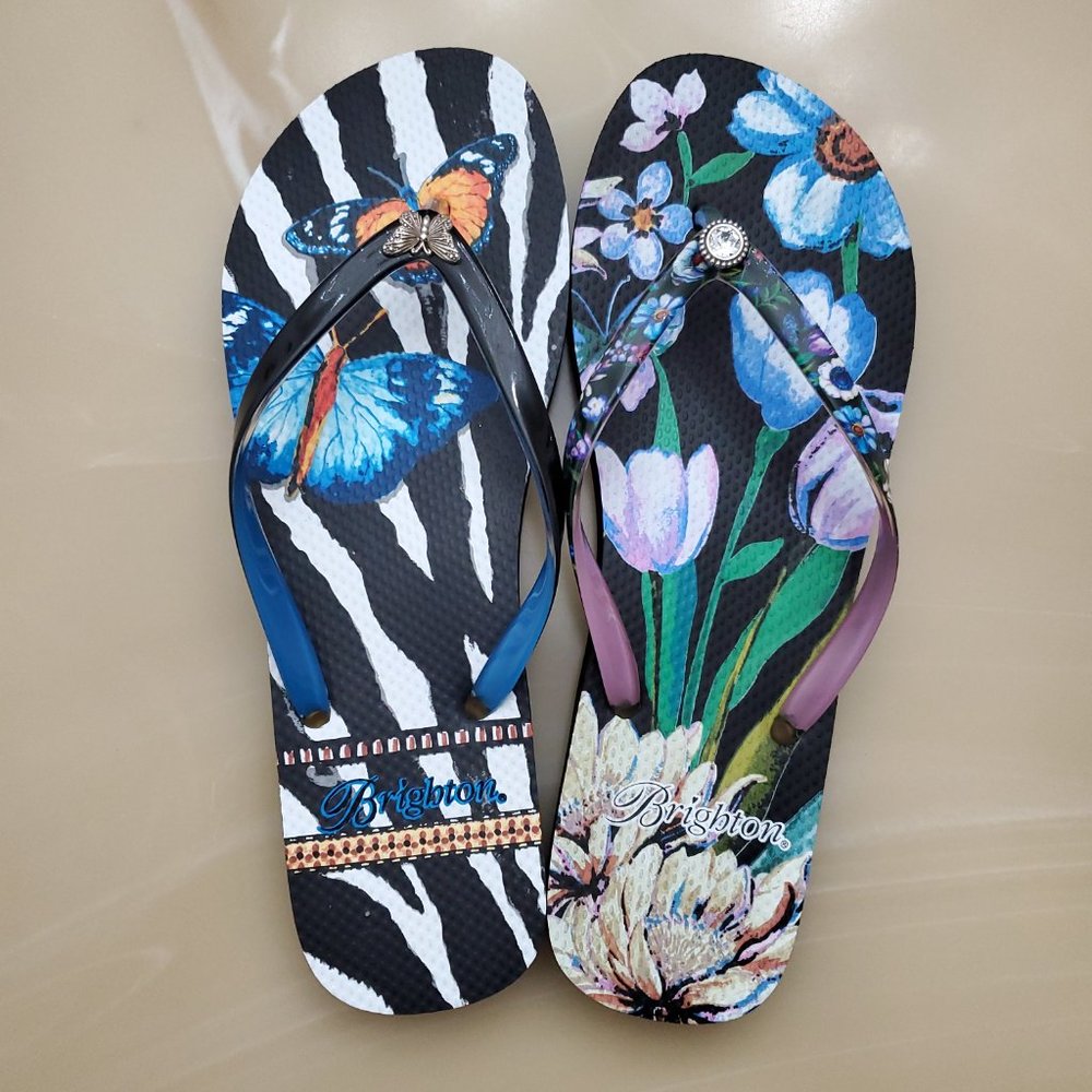 Brighton Black Floral Noir Jardin Mismatched  Flip Flops - Size 10 - Picture 8 of 12